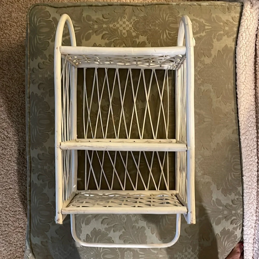 Vintage White Wicker Rattan 3 Tier Wall Shelf with Towel Bar-Boho MCM